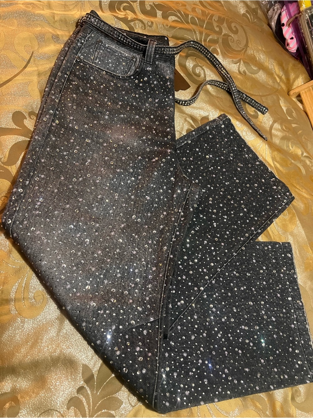 Birth of Royal Child 3D washed 20k Swarovski Diamond Boro Denim Jean w/belt sz L